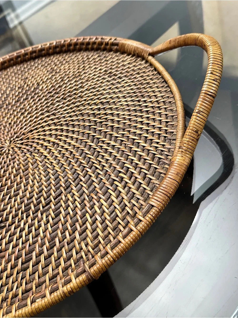 Vintage Pampered Chef Woven Selections Wicker Rattan 17” Round Serving Tray